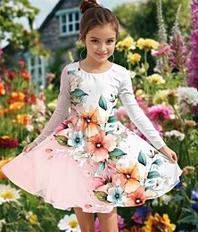 billiga -Flickor 3D Blomma Klänning Långärmad Sommar Vår Semester Dagligen Helgdag Prinsessa Skön Ljuv Barn 4-12 år Vardagsklänning A linjeklänning Knälång Normal