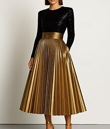 preiswerte -schwarze und goldene A-Linien-Cocktailkleider, elegantes Kleid für formelle Hochzeiten, Midilänge, lange Ärmel, Rundhalsausschnitt, Stretch-Pailletten mit metallisch goldenen Falten und Taschen, 2025