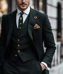abordables -De los hombres Casual Trajes Solapa de Pico Verde Oscuro Diario Color sólido A Medida Juego de 3 piezas