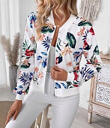 levne -Dámské Neformální bunda Pohodlné Zip Módní Denní Moderní Květinový Škola Venkovní Dovolená Domů Standardní baseballový obojek Běžný Dlouhý rukáv Svrchní oděvy Bílá Jaro Podzim