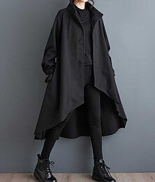 abordables -Mujer Gabardina Mantiene abrigado Cómodo Bolsillo Dobladillo irregular Botones Moda Plano Casual Diario parque Botonadura Simple Largo Escote Chino Ajuste regular Manga Larga Ropa de calle Negro Otoño