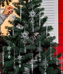 ieftine -18 ornamente de Crăciun din cristal pentru decorațiuni de brad - ornamente de țurțuri acrilice suspendate în formă de fulg de nea cu pandantive pentru candelabre din Țara Minunilor de iarnă,