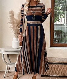 olcso -Női Midi ruha A vonalú ruha Fit and Flare ruha Alkalmi Normál Grafika Mértani Hosszú ujj Terített nyak Barna Nyár Ősz Tél