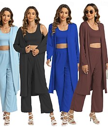 economico -Completo basic da donna in tre pezzi, manica lunga, girocollo, tinta unita, casual, quotidiano, colore azzurro caramello, nero, primavera, vestibilità ampia