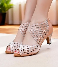 abordables -Chaussures de danse à bout ouvert et strass nude pour femmes, talon bas – Chaussures de bal professionnelles de style Gatsby