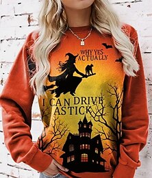 abordables -Sweat-shirt Halloween femme graphique sorcière crâne mode décontractée à manches longues col rond haut régulier impression quotidienne streetwear décontractée bordeaux noir blanc rouge orange automne