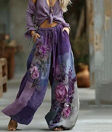 baratos -Mulheres Arte Gráfica Perna larga Calças Calça Palazzo Moda Boho Comprimento total Cintura Alta Flor Com Cordão Cintura elástica Imprimir Respirabilidade Confortável Rua Roupa Diária Para Noite Azul
