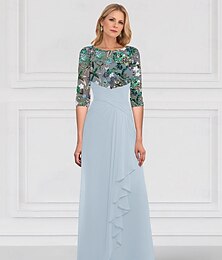 preiswerte -SkyBeaded Gown A-Linien Kleid Mutter der Braut Funkeln  Strahlen Bootsausschnitt Bodenlänge Chiffon Spitzenbeaded Spitzen Halbärmel mit Rüschendetails und bezogenen Knöpfen