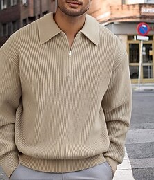 お買い得  -男性用 プルオーバーセーター クォータージップセーター ニットセーター リブ ニット レギュラートップス ニット 平織り ハーフジッパー ファッション カジュアル バケーション デイリーウェア 衣類 秋 冬 ブラック カーキ色 M L XL