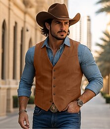 economico -Per uomo Gilet in finta pelle scamosciata Gilet occidentale Gilet Vacanza Affari Casuale Quotidiano Vintage Cowboy Primavera Autunno Tasca Bottoni Poliestere Confortevole Semplice Monopetto Scollo a