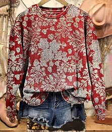 baratos -Mulheres Moletom Gráfico Geométrica Estampado Cashemere Quente Moda Ocidental Manga Longa Gola Redonda Tops regulares Rua Dia a Dia Casual Imprimir Vinho Vermelho Verde Bege Primavera Outono Inverno