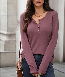 baratos -Mulheres Blusa Textura Camiseta Tecido Casual Manga Longa Decote V Tops regulares Diário Para Noite Botões Preto Azul empoeirado Fúcsia Marron Bege Outono