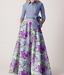 economico -abito da sposa elegante viola e blu a trapezio con scollo a barca, lunghezza al pavimento, gessato, maniche lunghe con blocchi di colore 2025