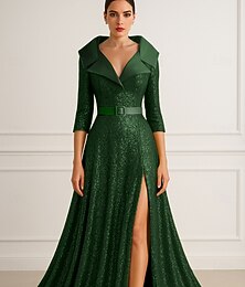 abordables -Ligne A Longueur au sol Robe de Soirée Tenue de soirée Élégant Scintillant Soyeux Demi Manches Revers Formel Mariage Ceinture / Écharpe Pailleté avec Paillettes Plis