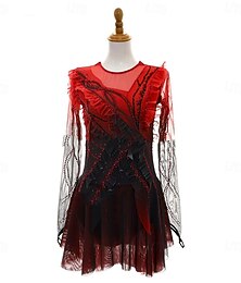 cheap -Figure Skating Dress Women's Girls' Ice Skating Dress Black+Red Open Back Asymmetric Hem Mesh High Elasticity Training Competition Skating Wear Classic Crystal / Rhinestone Long Sleeve Ice Skating Figure