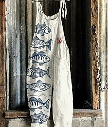 abordables -Femmes Combinaison Vacances ancien Style Ethnique Longueur complète Taille Moyenne Animal Poisson Respirabilité Léger Doux Non Elastique Décontracté Occasionnel Quotidien Noir Blanche bleu marine
