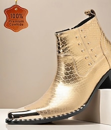 abordables -Botines con estampado de cocodrilo dorado para hombre: botas de lujo de piel de vacuno metalizada con cremallera y detalles de tachuelas para actuaciones, galas y vida nocturna.