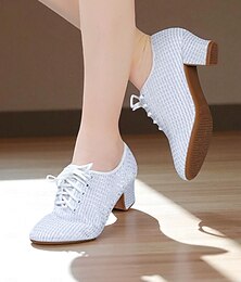 abordables -Chaussures de danse à lacets blanches pour femmes - Chaussures de salon à talons épais et scintillants avec design en maille respirante pour la pratique et la performance