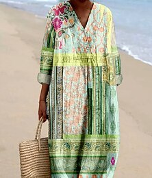 ieftine -Pentru femei Rochii Midi Rochie de Vară Rochie A line Vacanță Casual Boho Concediu Dată Plajă Potrivire Largă Floral Grafic Imprimeu Paisley Manșon Lung În V Roz Deschis Verde Deschis Mov Deschis
