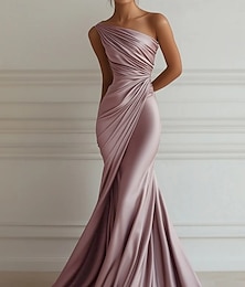 economico -Abito da sera sirena/trumpet elegante per matrimonio lungo fino al pavimento senza maniche a spalla unica in satin elasticizzato con pieghe