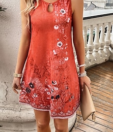 billiga -alla hjärtans dag Dam Vanligt Knälång klänning Sommarklänning Vårklänning Elegant Stylish Sexig Ärmlös Helgdag Datum Strand Formpassad Blommig Ditsy Floral Ärmlös Rund hals Rubinrött Mörkblå Aprikos