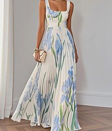 preiswerte -Damen Langes Kleid Maxikleid Abschlussballkleid Partykleid Druckkleid Mode Modern Party Geburtstag Abendgesellschaft Normale Passform Blume Ärmellos Quadrathals Weiß Gelb Rosa Blau Sommer