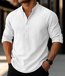 preiswerte -Herren Leinenhemd Popover-Hemd Freizeithemd Strandhemd Stehkragenhemd Einfach Urlaub Hawaiianisch Schwarz Weiß Rosa Orange Langarm Henley Frühling & Sommer Bekleidung Ärmel hochkrempeln