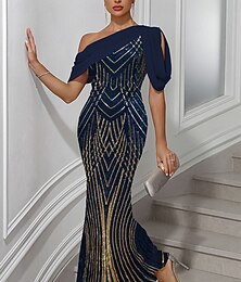 economico -Sirena / Tromba Abito da Sera Elegante Abito formale Formale Matrimonio Lunghezza al pavimento Senza Maniche Scollo a V Con Paillettes con Paillettes 2025