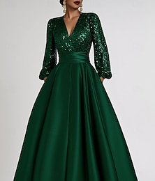 abordables -Ligne A Robe de Soirée Élégant Robe de soirée Formel Mariage Longueur au sol manche longue Col en V Poche Satin avec Paillettes Plis Poche 2025