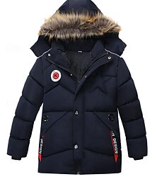 baratos -Infantil Para Meninos Plumagem Casaco com capuz agasalhos Letra Manga Longa Zíper Bolsos Casaco Ao ar livre Diário Preto Vermelho Azul Marinha Inverno 4 anos +