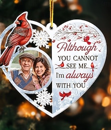 halpa -henkilökohtaiset jouluvalokuvakoristeet, mukautettu muistomerkki, sydämenmuotoinen pohjoisen kardinaalin akryylinen 2D-koristelu, joulukuusi, joulukoristeet, riippuva riipuslahjat