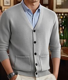 abordables -Homme Gilet Cardigan Pull Court Pull Tricoté Côtelé Tricoter Hauts Réguliers Avec Poches Uni Col en V Mode Classique Vacances Tenue quotidienne Vêtement Tenue Automne Hiver Rouge vin Noir M L XL