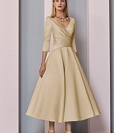abordables -Robe de mariage à la plage en A robes dorées mère de la mariée invitée de mariage élégante vintage grande taille col en V longueur thé à manches 3/4 avec plis pour impressionner taille sur mesure