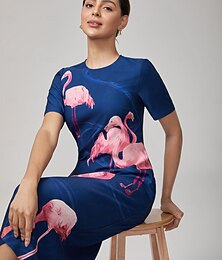 abordables -Femmes Robe Décontractée Bleu Roi Manche Courte Flamant rose Été Col ras du cou Vacances XS S M