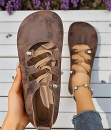 preiswerte -Damen-Ballerinas in weiter Passform aus dunkelbraunem Kunstleder mit verstellbaren Riemen – bequeme Retro-Freizeitschuhe für den Alltag und zum Spazierengehen