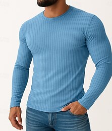 baratos -Camiseta masculina com ajuste muscular, malha canelada, slim fit, manga longa, gola redonda, primavera outono, todas as estações, lisa, texturizada, faixa na cintura, designer de moda, tricô básico, férias, rua, casual, preto, branco, azul