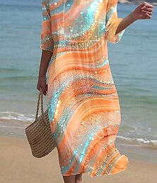 ieftine -Rochie Maxi pentru Femei Kaftan cu Mâneci 3/4 Guler Rotund Rochie Casual Rochie A Line Stil Boho Croi Normal Grafic Geometric Abstract Alb Galben Albastru Portocaliu Primăvară Toamnă