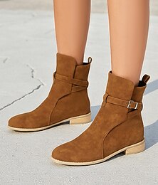 abordables -Botines marrón oscuro para mujer: botas planas informales clásicas con hebilla para looks de otoño, compras y uso diario.