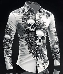economico -Halloween Per uomo Costumi Halloween Teschi Fiori Camicia Camicia con Bottoni Camicia casual Manica Lunga Stile gotico oscuro Ferie Estate Primavera Collo ripiegato Stampa 3D camicie con colletto