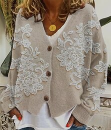 Недорогие -Жен. Пальто Повседневная куртка Сохраняет тепло Удобный С принтом Мода Современное На каждый день Цветочный принт На выход выходные Однобортный крой Обычная V-образный вырез Стандартный Длинный рукав