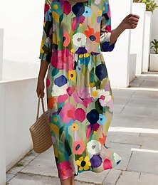 abordables -Robe maxi femme Kaftan à manches 3/4 col rond robe décontractée robe shift A-line robe Boho quotidienne vacances rendez-vous graphique floral rose rouge bleu fuchsia printemps