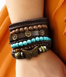 preiswerte -Damenarmband-Set aus böhmischem Leder und Holzperlen – Vintage-Schmetterlingsanhänger, mehrschichtiger türkisfarbener Stapel für Freizeit, Reisen und Sommerfestivals