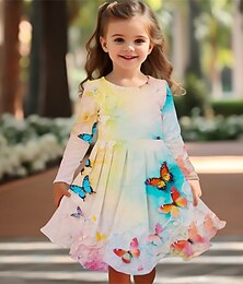 abordables -Girls ' 3D Floral Mariposa Vestido Manga Larga Verano Primavera Vacaciones Diario Festivos Princesa Hermosa Dulce Niños 4-12 años Vestido informal Vestido de una línea Hasta la Rodilla Ajuste regular