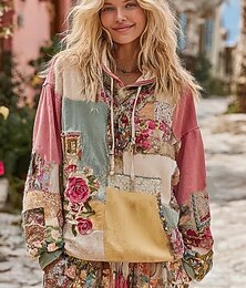 baratos -Hoodie 3D Impressão para Mulheres Moletom Pullover Oversized Manga Longa Casual Gráfico Floral Quente Ativo com Capuz Tops Regulares Casual de Rua Uso Diário Patchwork Rosa Primavera Outono Inverno