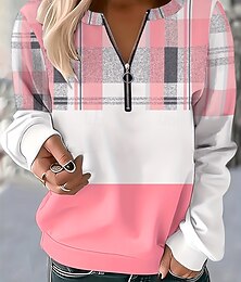 お買い得  -女性用 プルオーバースウェットシャツ ジップアップスウェットシャツ グラフィック 幾何学模様 チェック ファッション カジュアル 長袖 クルーネック レギュラートップス ストリート 日常着 ジッパー プリント ライトピンク 春 秋 冬