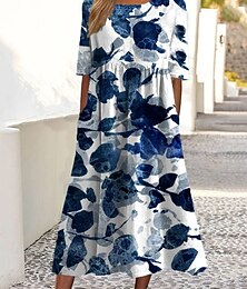 levne -Dámské Midi šaty Volnočasové šaty Letní šaty Módní Moderní Denní Plážové Víkend Běžný Květiny Krátký rukáv Tričkový Vodní modrá Trávová zelená Tmavomodrá Léto Jaro