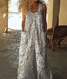 abordables -Mujer Normal Mono Casual Floral Sin Mangas Perneras anchas Escote Redondo Botones Bolsillo Calle Diario Ajuste regular Gris Verano
