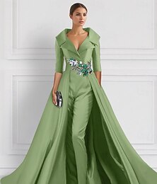 preiswerte -A-Linie Abendkleid Elegantes Überrock Jumpsuit Kleid Formelle Hochzeit Blumen Bodenlänge Halblangarm Hemdkragen Satin mit Schlitz Stickerei Applikationen