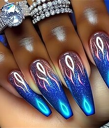 זול -24 יחידות ציפורניים דביקות ארוכות עם ציפורניים מלאכותיות, ארון קבורה, עיצובי להבה כחולה, ציפורניים מלאכותיות, אקריליק, מבריקות, ציפורניים עם דבק, ציפורניים מלאכותיות, ליל כל הקדושים, ציפורניים לשימוש