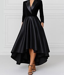 abordables -Vestido de esmoquin Corte A Vestido alto-bajo Formal Satén Elegante Manga Larga Longitud midi Solapa pico
